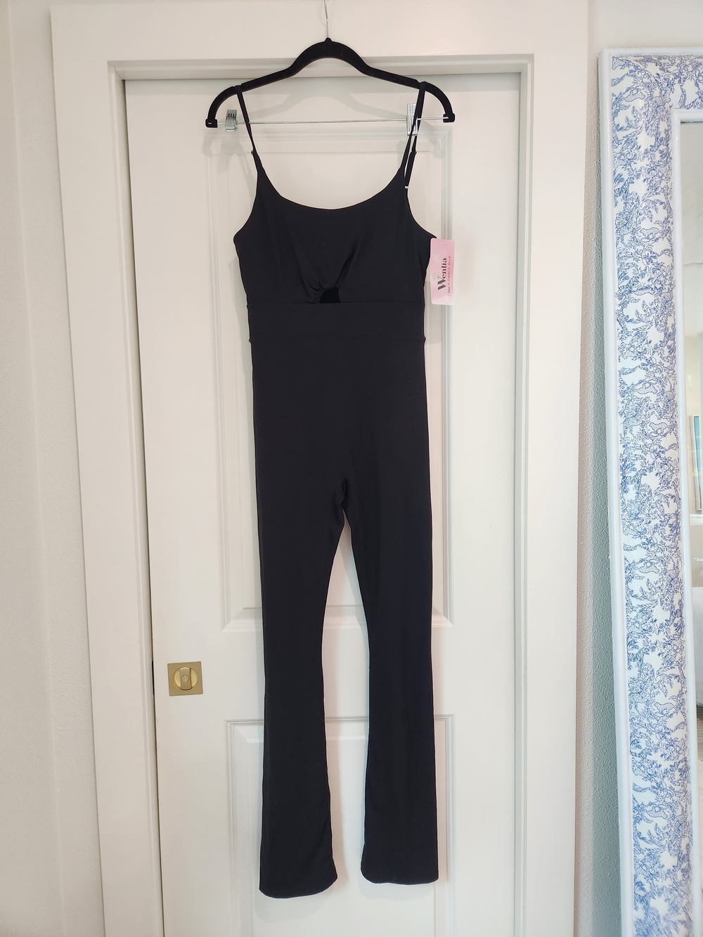Wenlia Black Spaghetti Strap Jumpsuit Key Hole Cut Out Romper Bell Bottom Size M